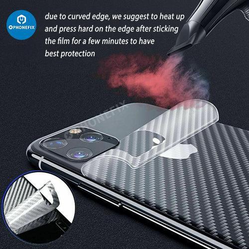 PhoneFIX 3D back protector film with carbon fiber design on iPhone 8-15 Pro Max, showing a sleek protective sticker on the phone's rear.