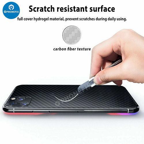 PHONEFIX 3D carbon fiber back protector film for iPhone 8 to 15 Pro Max, showcasing a sleek, textured protective sticker on the phone.