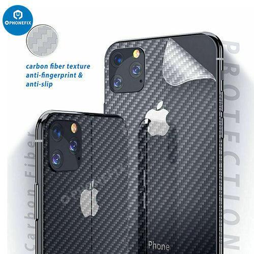 PHONEFIX 3D carbon fiber back protector film sticker on iPhone 8-15 Pro Max case, showcasing textured, durable phone protection.