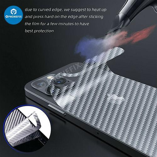 PHONEFIX 3D carbon fiber back protector film for iPhone 8-15 Pro Max, showcasing a sleek textured design on the phone's rear.