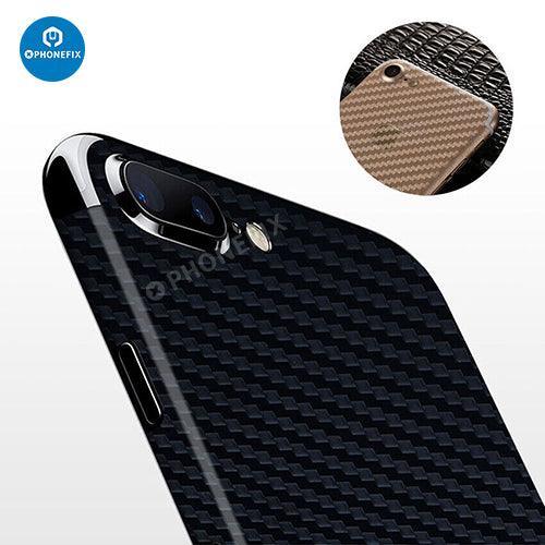 PhoneFIX 3D back protector film with carbon fiber texture on iPhone 8-15 Pro Max, showcasing a sleek phone protector case with textured design.