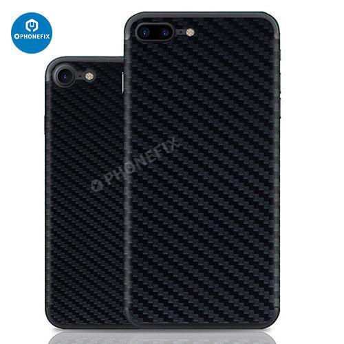 PhoneFIX 3D carbon fiber back protector film for iPhone 8-15 Pro Max, showcasing the textured carbon fiber design on the phone case.