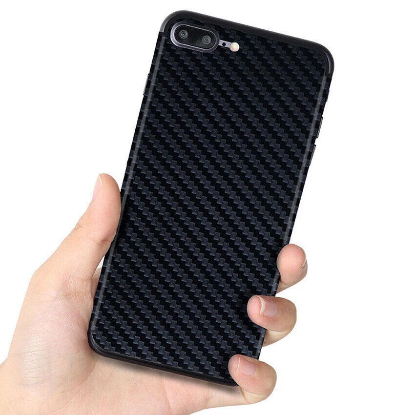 PhoneFix 3D carbon fiber back protector film sticker on iPhone 8-15 Pro Max case, showcasing a sleek, textured design for added protection.