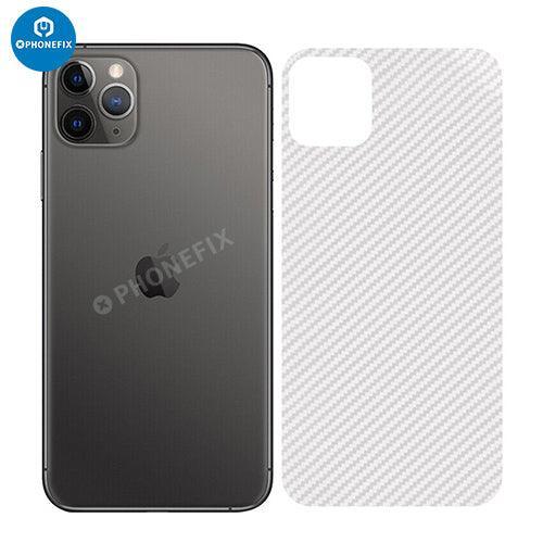 PhoneFIX 3D carbon fiber back protector film on iPhone 8-15 Pro Max case, showcasing durable, stylish phone protection sticker.