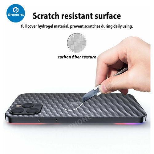 PhoneFIX 3D carbon fiber back protector film on iPhone 8-15 Pro Max, showcasing a sleek, textured phone protector sticker.