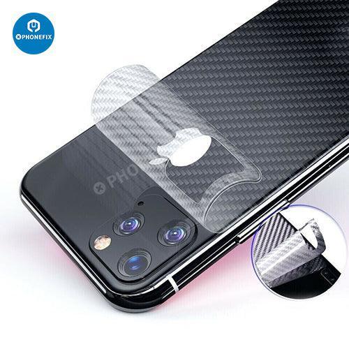 PHONEFIX 3D carbon fiber back protector film on iPhone 8-15 Pro Max, showcasing a sleek, textured phone protector sticker.