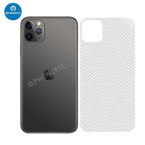 PhoneFIX 3D carbon fiber back protector film for iPhone 8 to 15 Pro Max, showcasing a sleek, textured protective sticker design.