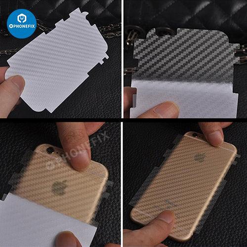 PHONEFIX 3D carbon fiber back protector film for iPhone 8-15 Pro Max, showing a sleek, textured carbon fiber sticker on the iPhone rear.