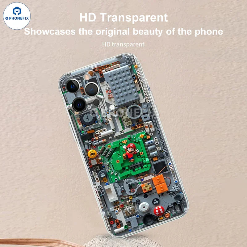 PHONEFIX transparent iPhone 12-16 Pro Max case featuring a creative Mario cartoon design, protects the phone with a playful style.