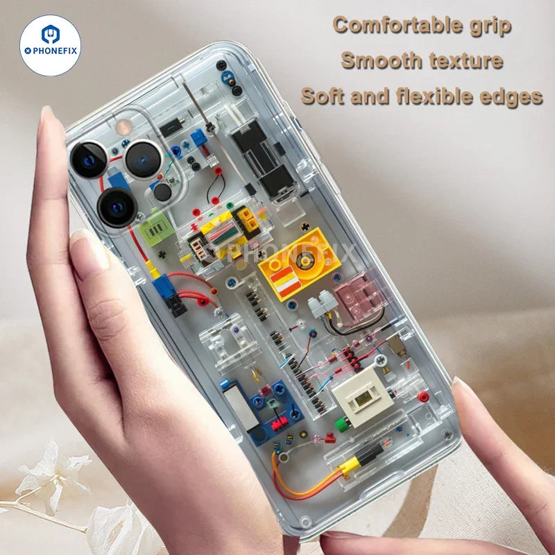 Transparent PHONEFIX Mario cartoon phone case for iPhone 12-16 Pro Max with colorful cartoon design and durable protection.