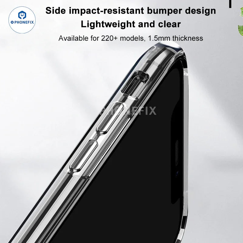Transparent PHONEFIX iPhone 12-16 Pro Max case with colorful Mario cartoon design, offers protection and a fun, creative look.