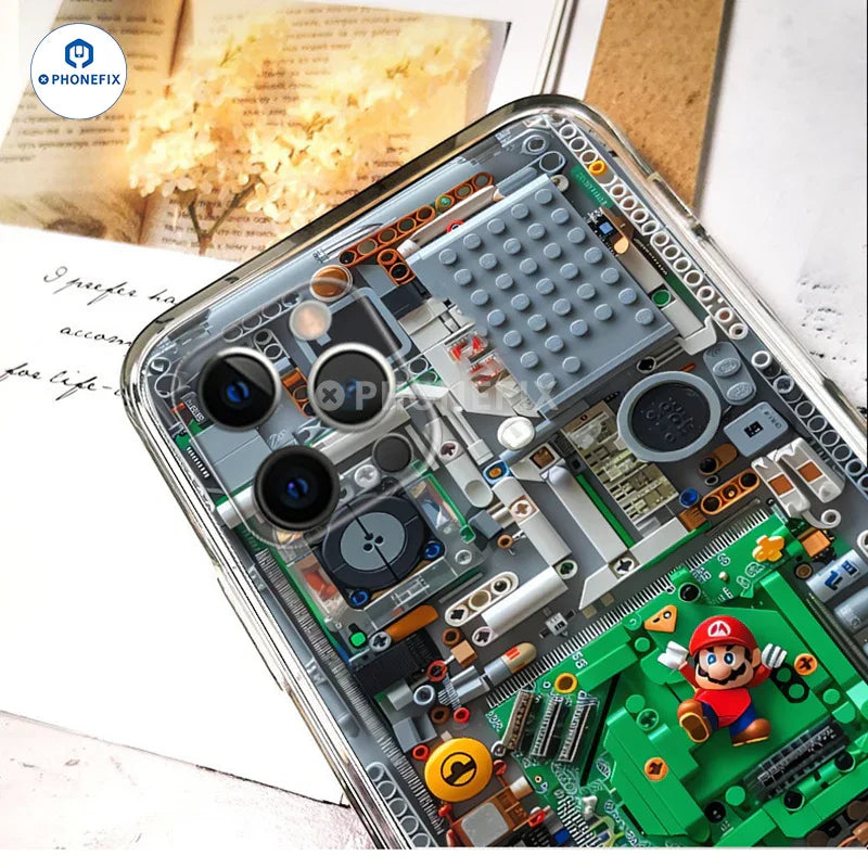 PHONEFIX transparent phone case with creative Mario cartoon design for iPhone 12-16 Pro Max, offering stylish protection.