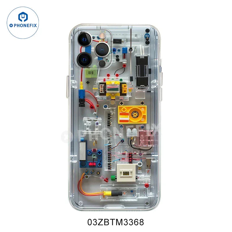 Transparent PHONEFIX iPhone 12-16 Pro Max case with colorful Mario cartoon design, offering stylish protection for your phone.