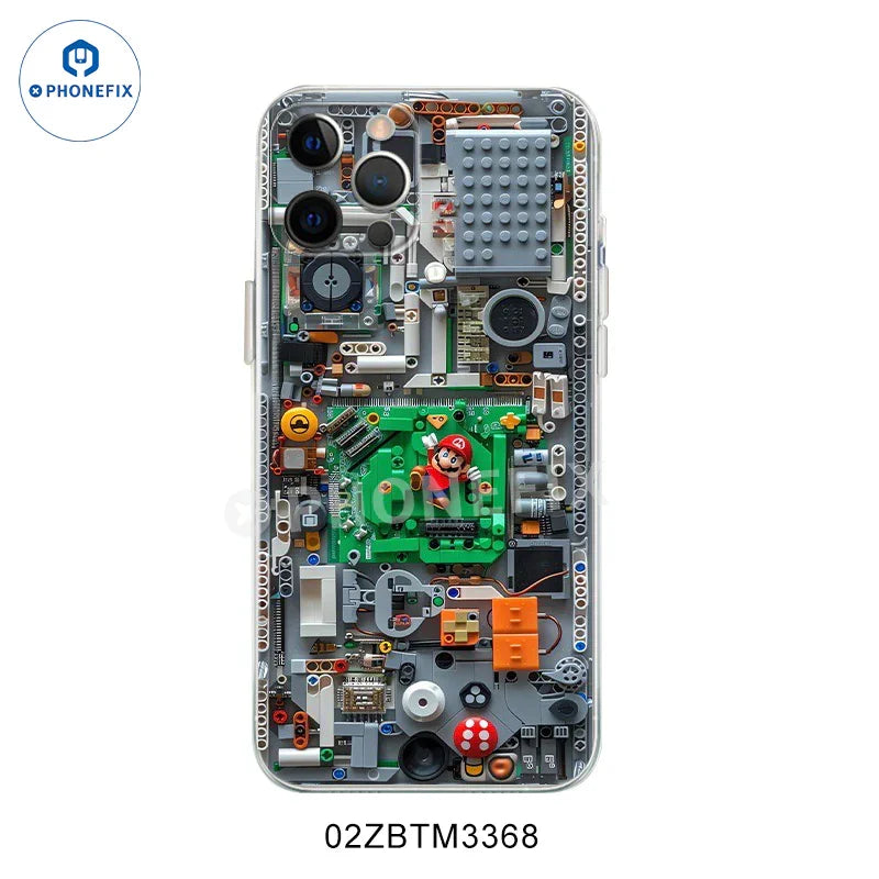 PHONEFIX iPhone 12-16 Pro Max Creative Mario Cartoon transparent phone case showing colorful Mario design on a clear protector.