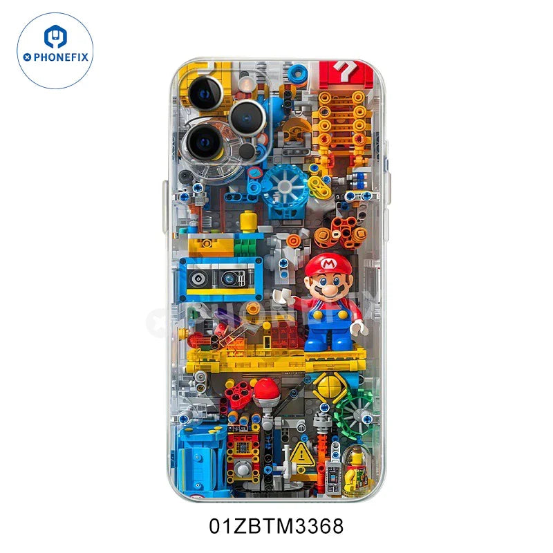 Transparent PHONEFIX Mario cartoon phone case for iPhone 12-16 Pro Max, featuring creative Mario design and durable protection.