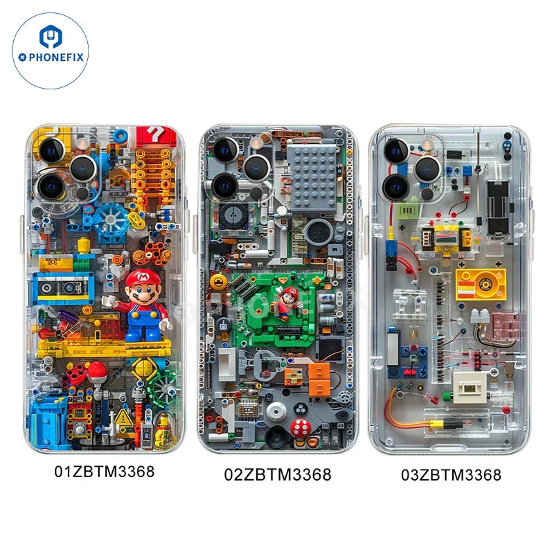 Transparent PHONEFIX iPhone 12-16 Pro Max case featuring a colorful Mario cartoon design for stylish phone protection.