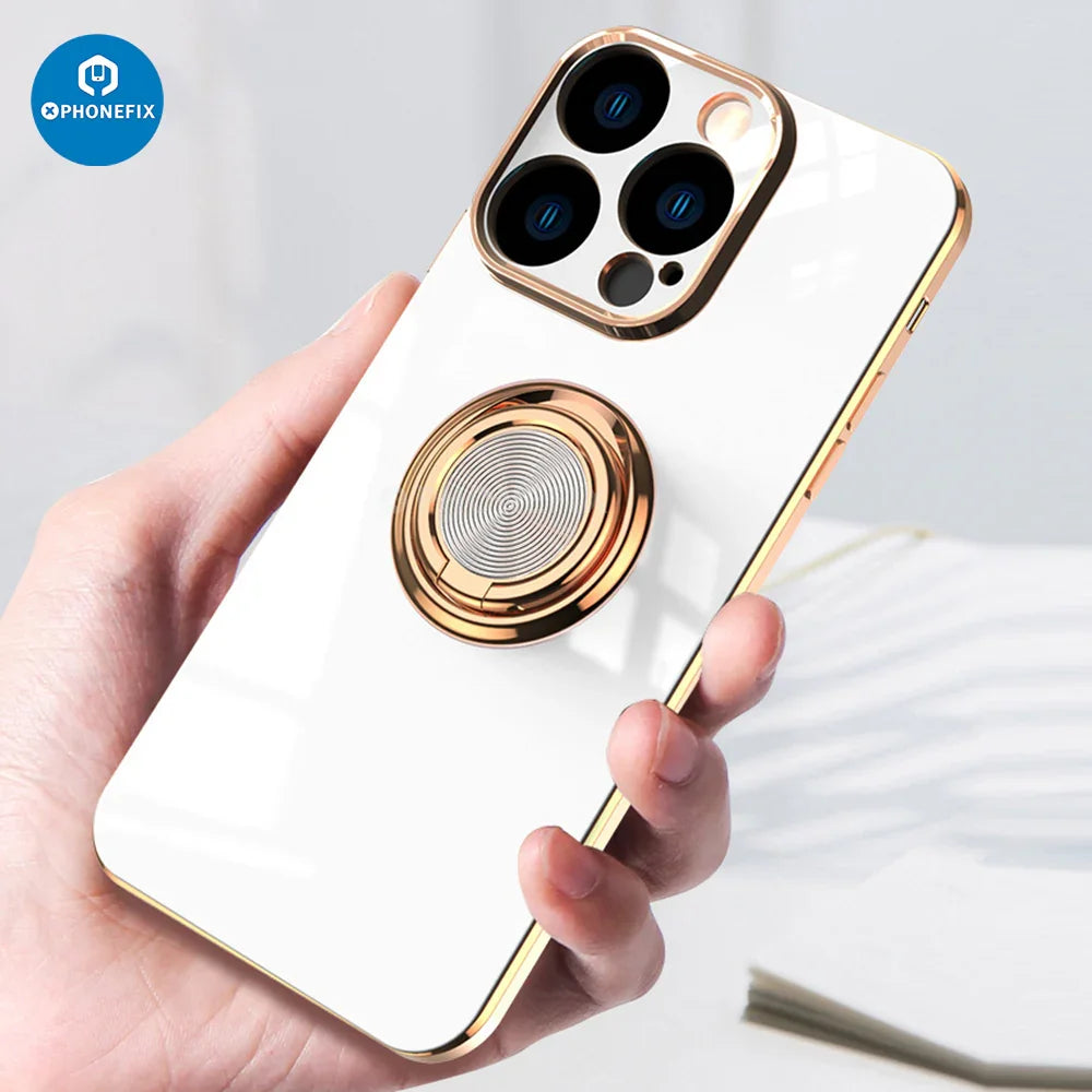 Electroplated magnetic iPhone back case cover with ring holder by PHONEFIX, stylish phone protector in sleek finish.
