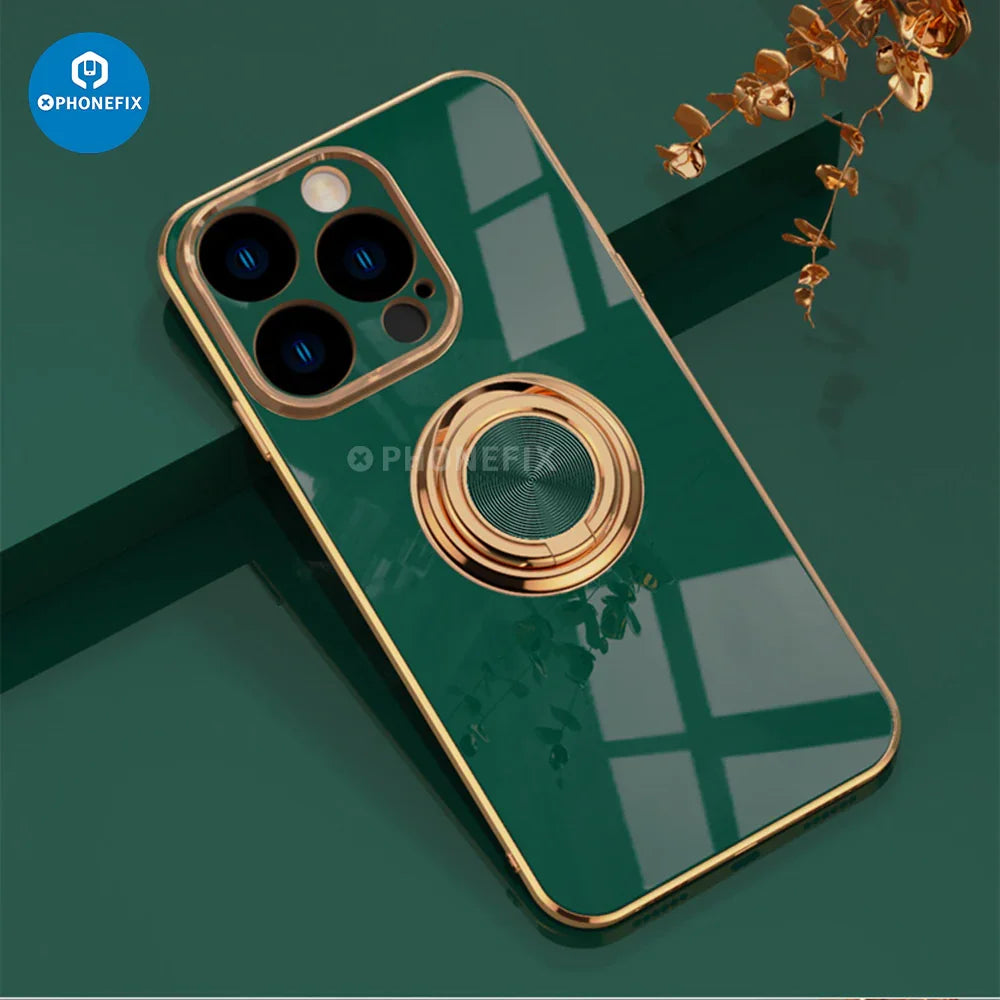 Electroplated magnetic iPhone back case cover with ring holder by PHONEFIX, featuring a shiny finish and secure grip.