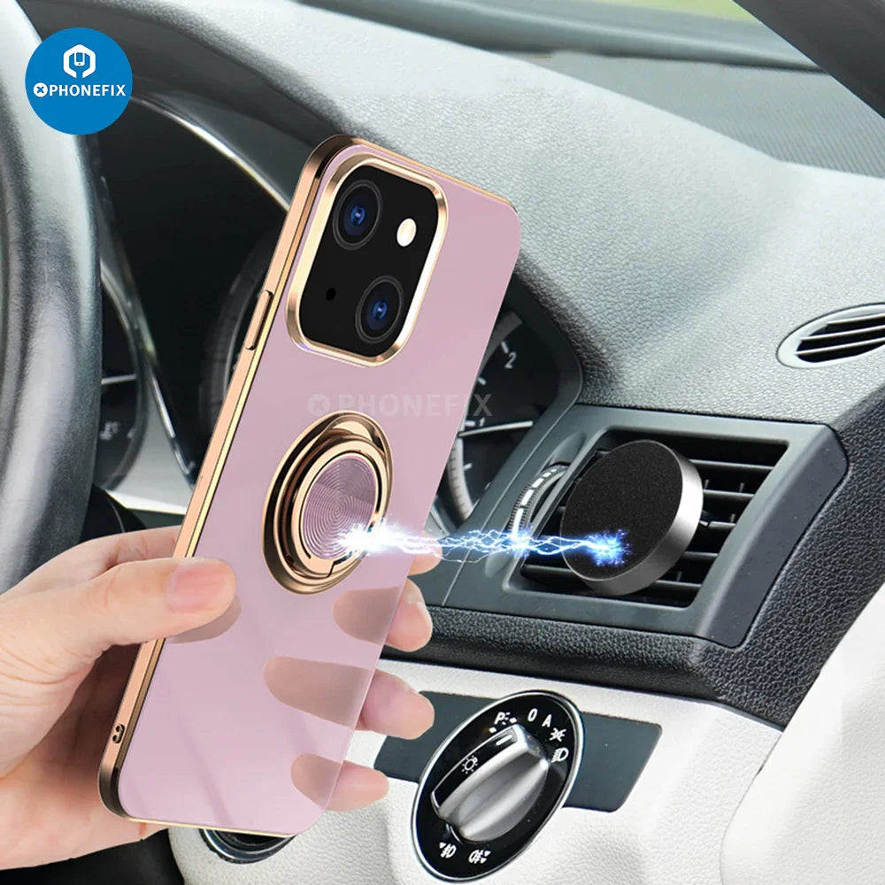 Electroplated magnetic iPhone back case cover with ring holder by PHONEFIX, featuring a sleek design and durable protection.