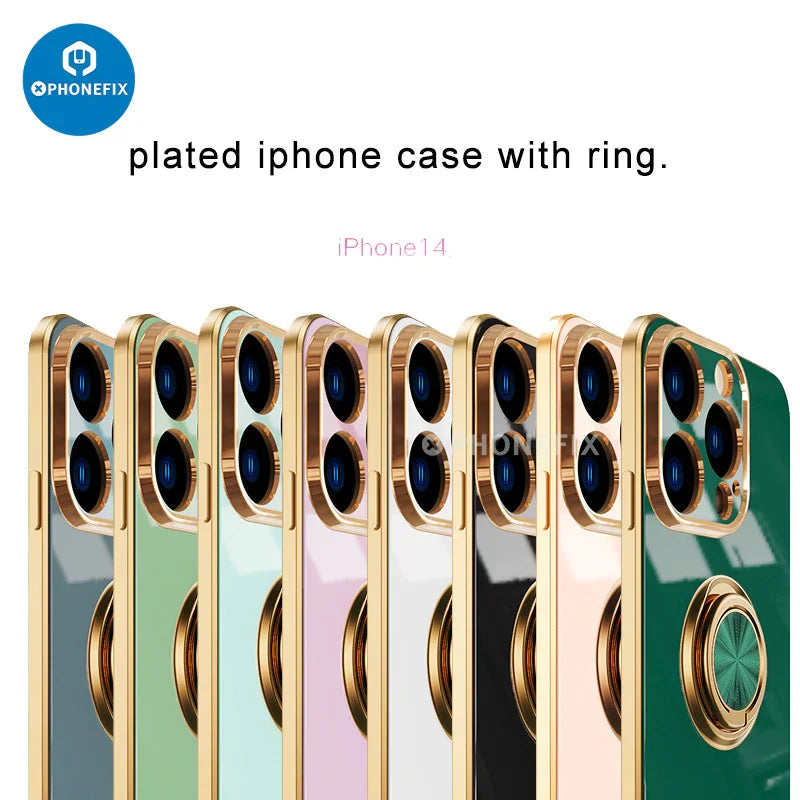 Electroplated magnetic iPhone back case with ring holder by PHONEFIX, featuring a shiny metallic finish and secure grip.