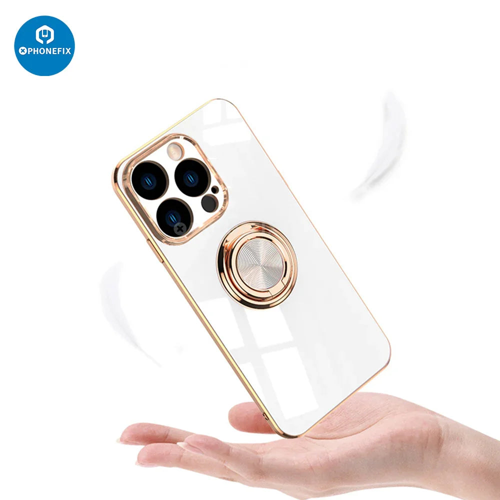 Electroplated magnetic iPhone back case cover with ring holder by PHONEFIX, featuring a sleek metallic finish and protective design.