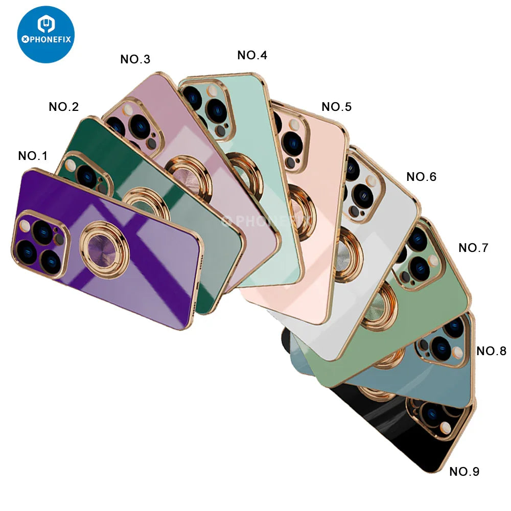 Electroplated magnetic iPhone back case cover with ring holder by PHONEFIX, featuring a sleek design and protective build.
