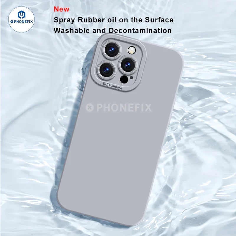 Liquid silicone full protection case for iPhone 11-15 Pro Max by PHONEFIX, showing a sleek, durable phone protector in black.