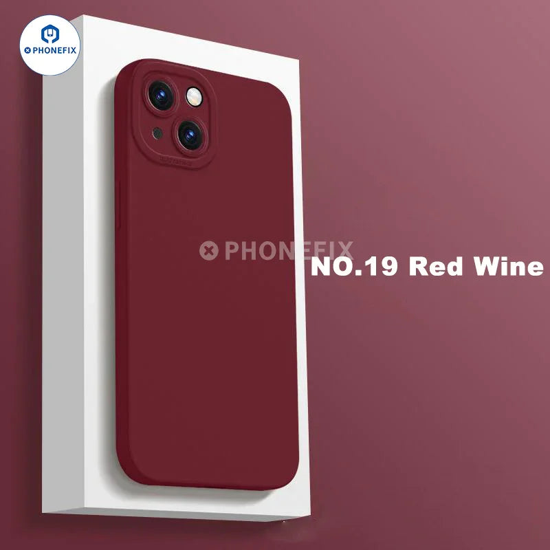 PhoneFIX liquid silicone full protection case for iPhone 11-15 Pro Max, showing soft pink color and slim fit design.
