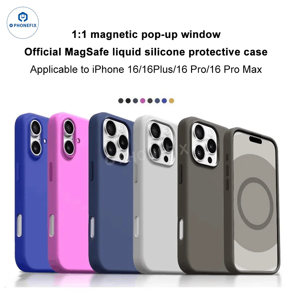PHONEFIX iPhone 16 Pro Max silicone phone case with MagSafe logo, durable protective cover in a sleek design.