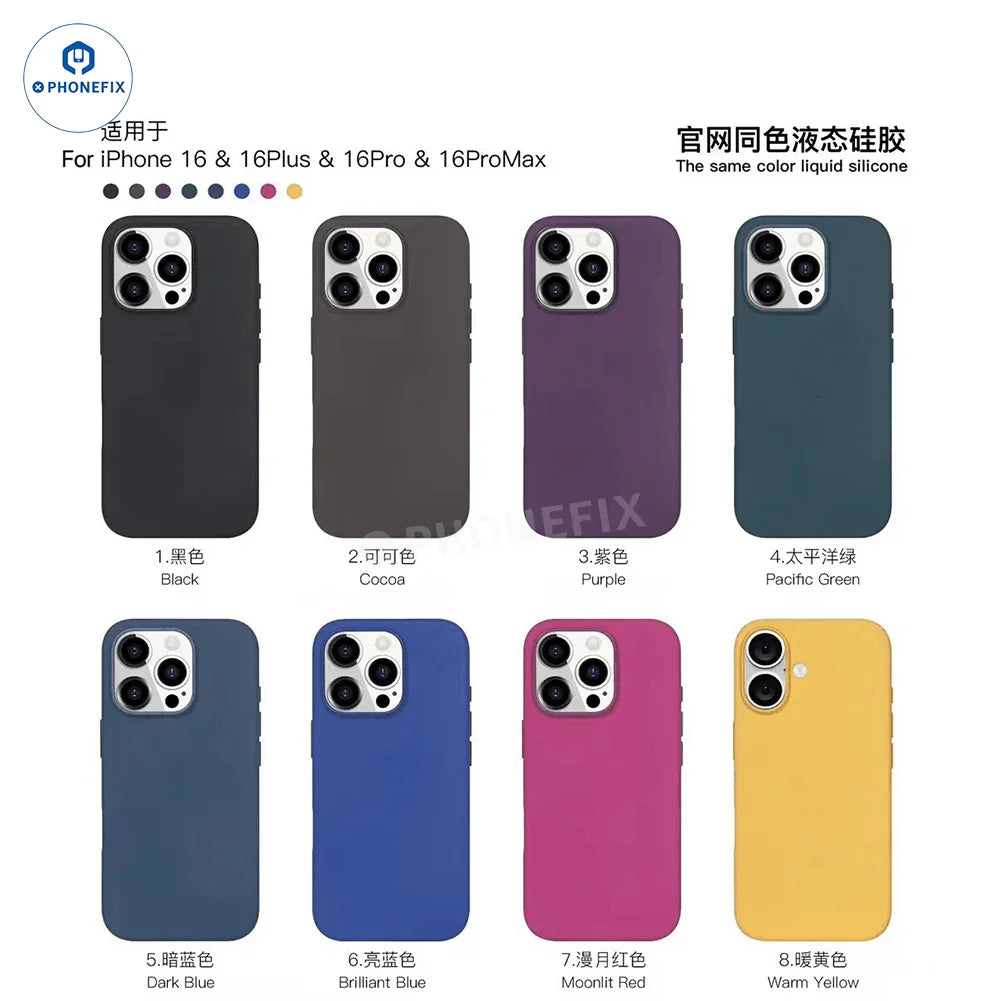 PHONEFIX silicone case with MagSafe logo for iPhone 16 Pro Max, showcasing smooth black protective phone protector.