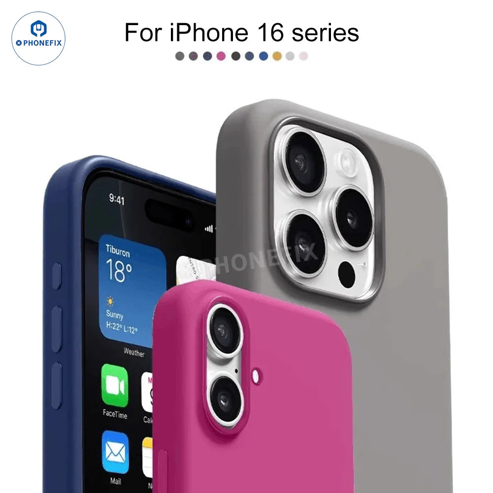 PHONEFIX silicone phone case with MagSafe logo for iPhone 16 Pro Max, showing smooth black material and precise cutouts.