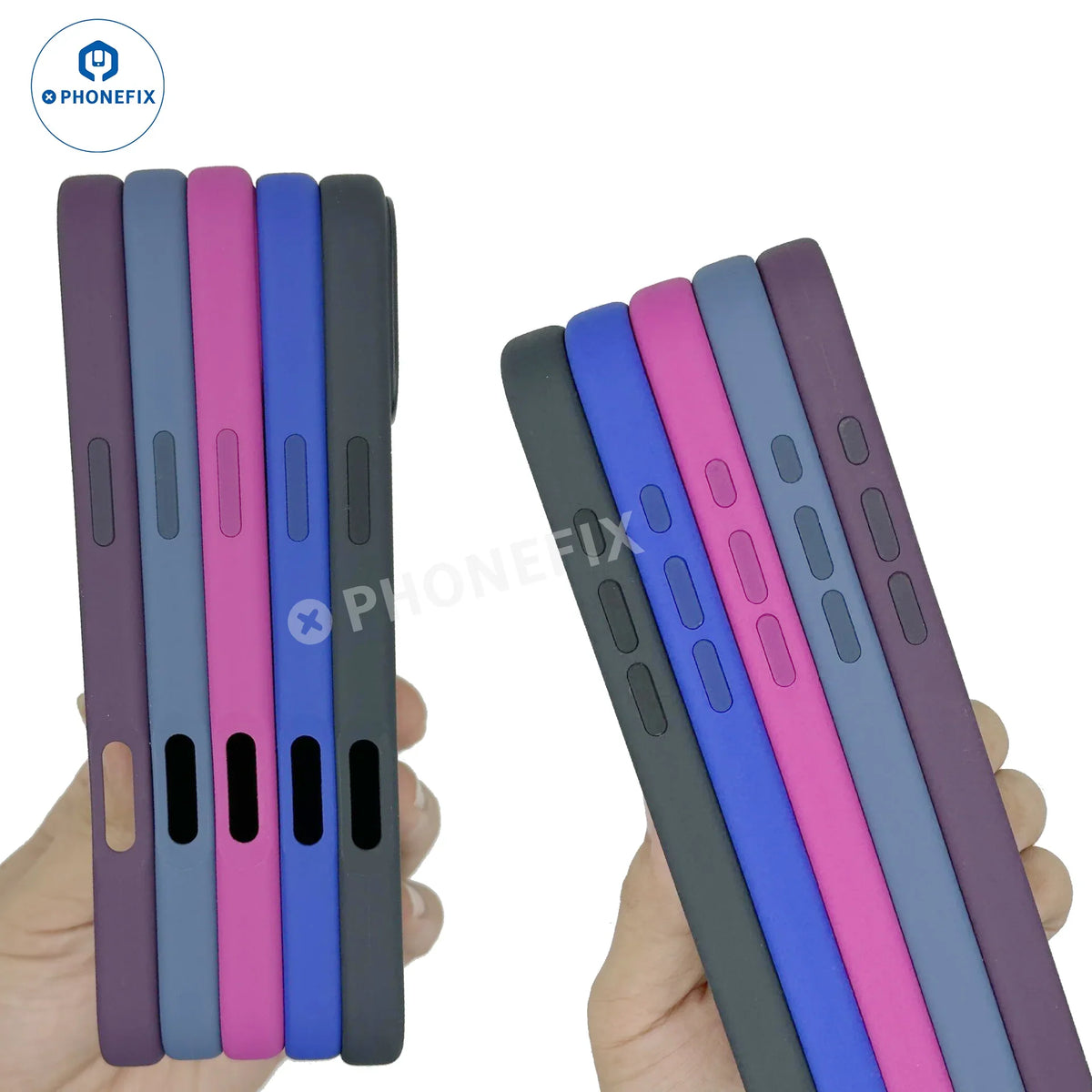 PHONEFIX iPhone 16 Pro Max silicone case with MagSafe logo, showing sleek black protector with precise cutouts and textured surface.