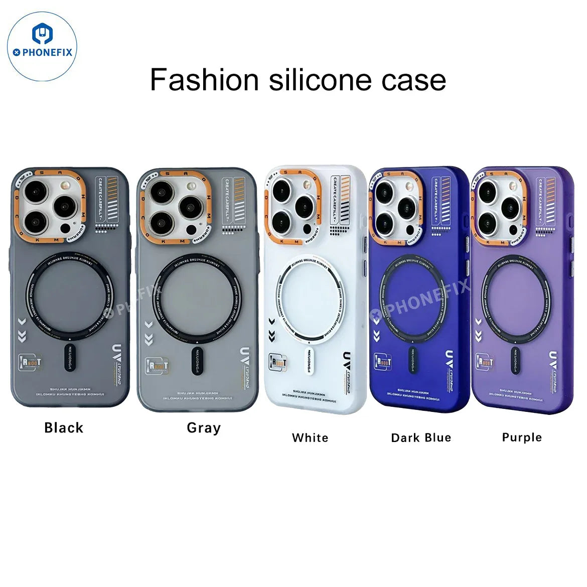 PHONEFIX silicone phone case for iPhone 16 Pro Max with MagSafe logo, featuring a sleek design and soft, protective material.