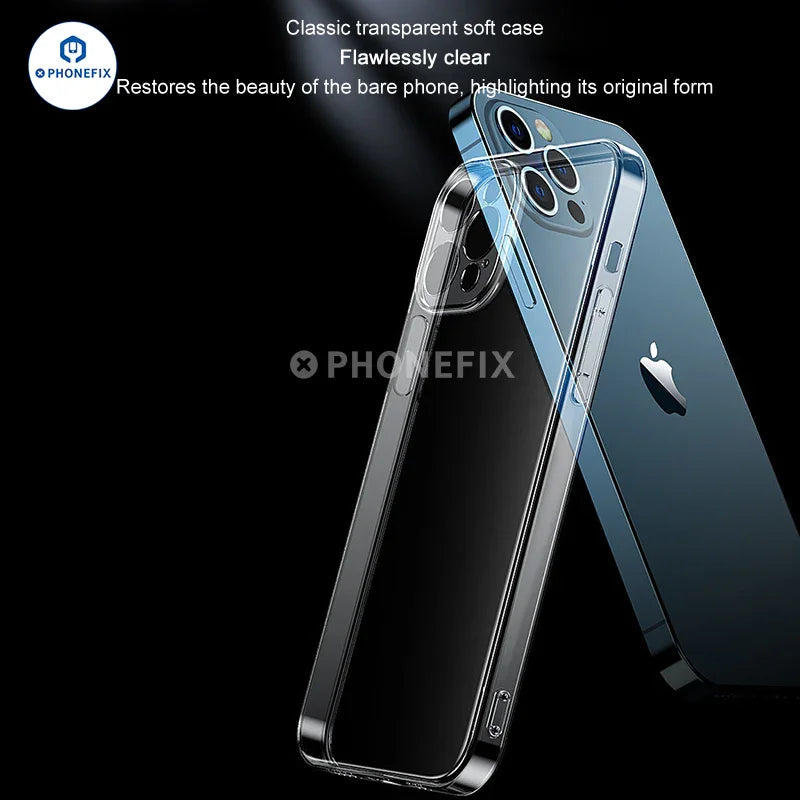 PHONEFIX soft TPU full-cover silicone case for iPhone 12-16 Pro Max, showcasing slim, protective design with precise cutouts.