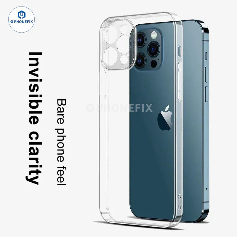 Soft TPU full-cover silicone phone protector case for iPhone 12-16 Pro Max by PHONEFIX, showing sleek, durable design with precise cutouts.