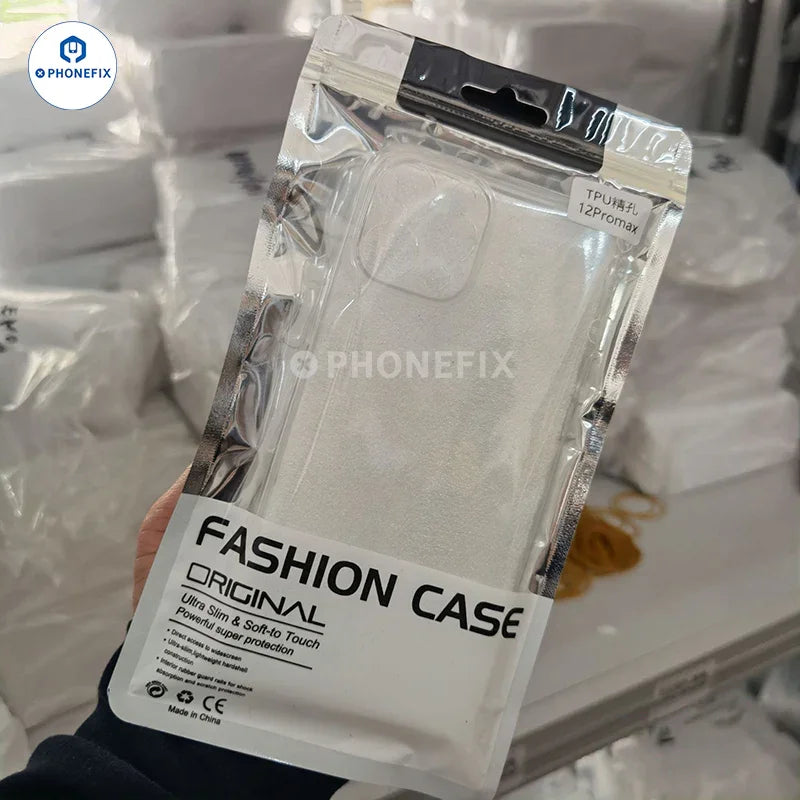 Soft TPU full-cover silicone phone case for iPhone 12-16 Pro Max by PHONEFIX, showing slim, flexible protection with precise cutouts.