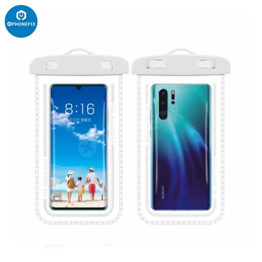 White PHONEFIX waterproof phone protector case, transparent universal bag for mobile phones, designed to keep devices dry and safe.
