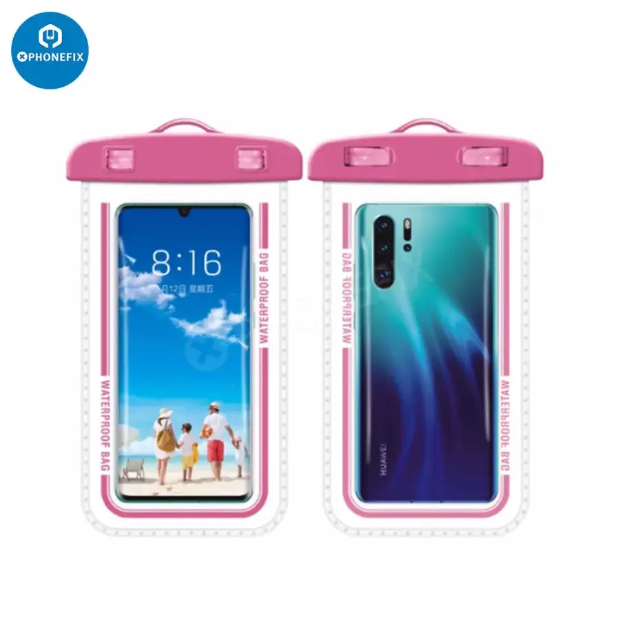 White PHONEFIX waterproof phone protector case, transparent universal bag for mobile phone protection from water and dust.