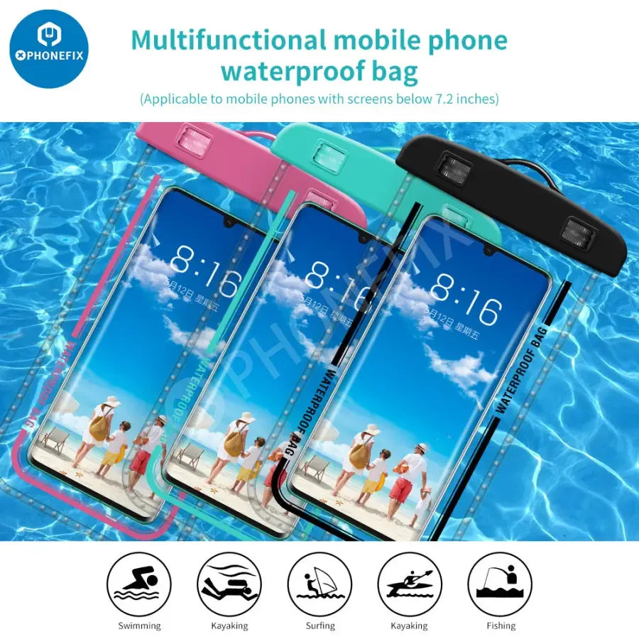 White PHONEFIX universal transparent waterproof phone protector case for mobile phones, showcasing clear, waterproof design.