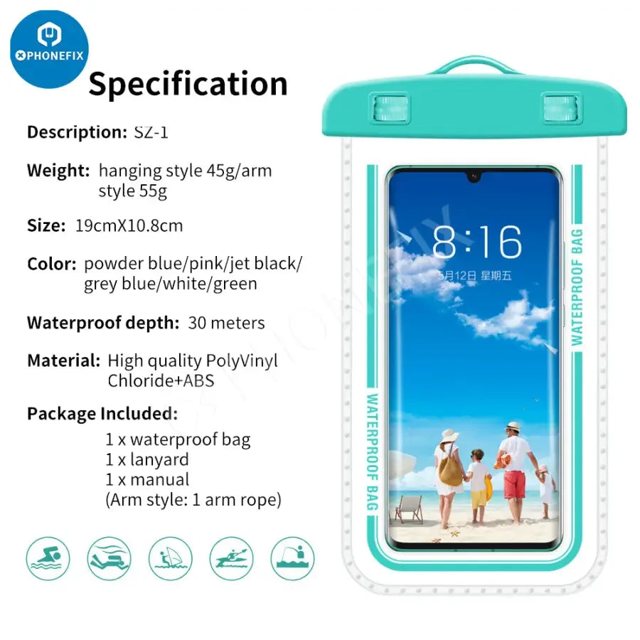 White PHONEFIX waterproof phone protector case, universal transparent waterproof bag for mobile phones, keeps device dry and protected