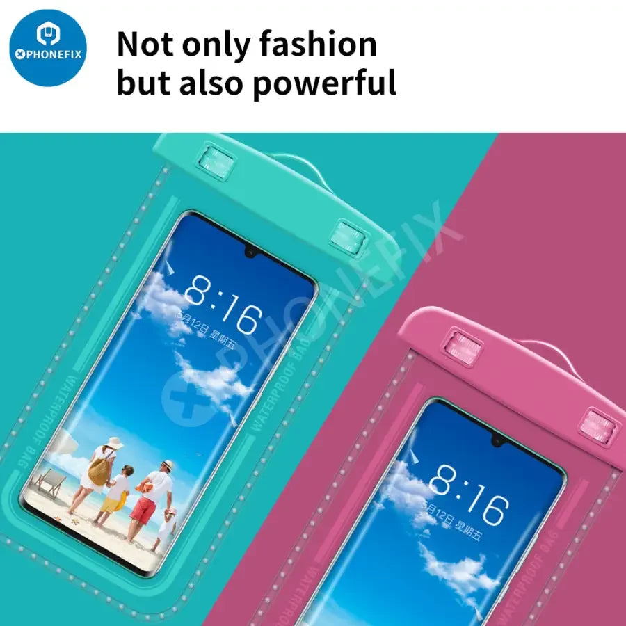 Transparent waterproof phone protector case by PHONEFIX, universal design for mobile phones, clear and water-resistant.