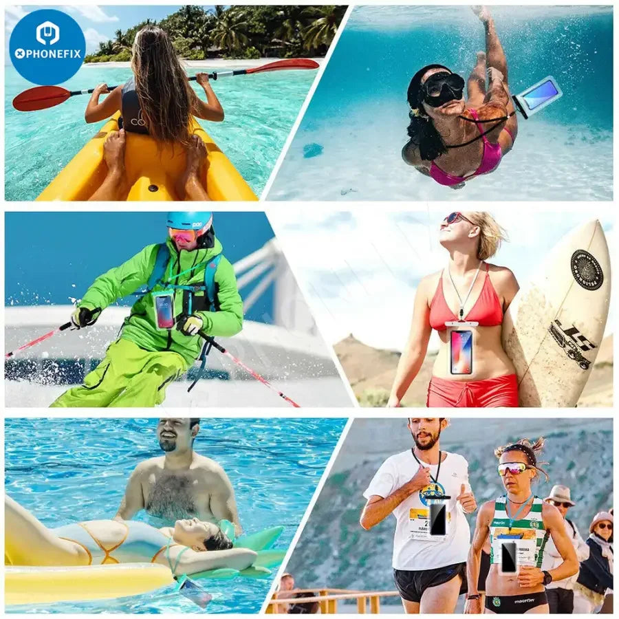 White PHONEFIX waterproof phone protector case, transparent universal bag for mobile phones, keeps device dry and safe from water.