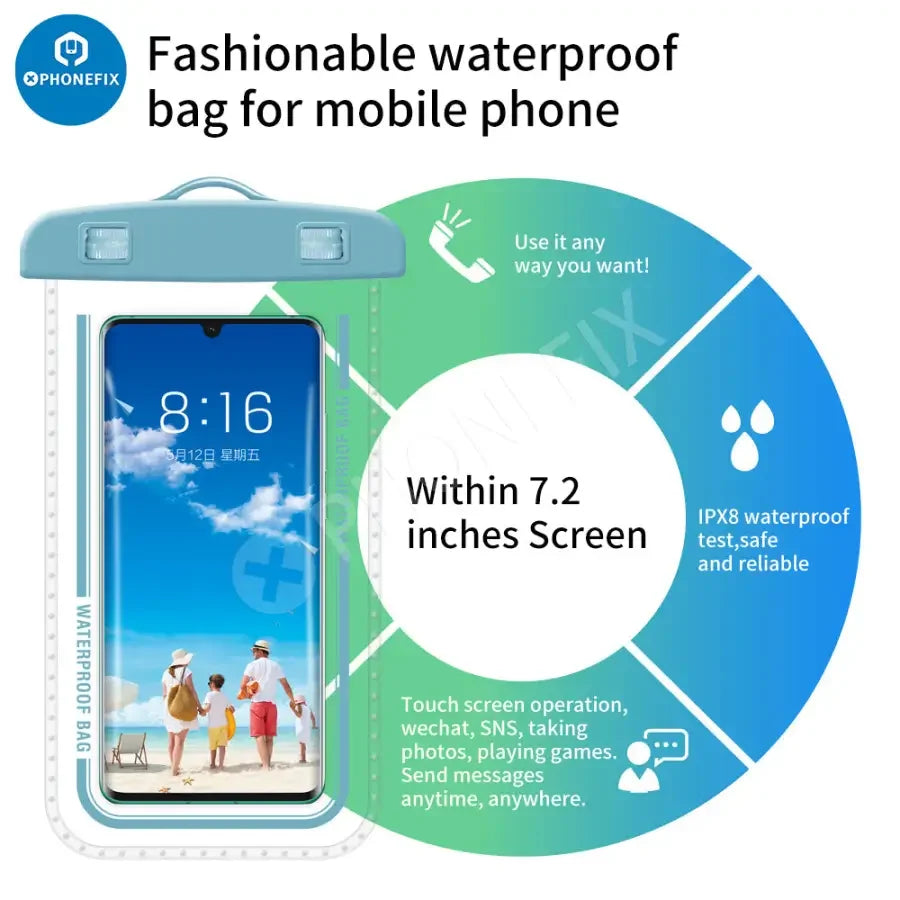 White PHONEFIX universal transparent waterproof phone protector case with secure seal for mobile phones.