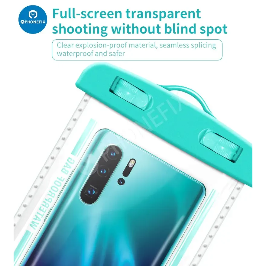 White PHONEFIX universal transparent waterproof bag for mobile phones, protective case with clear waterproof design.