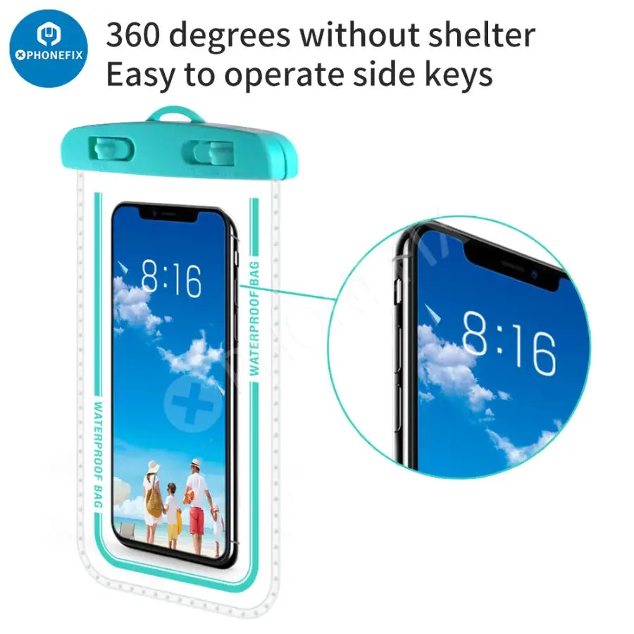 PHONEFIX universal transparent waterproof phone protector case in white, designed to keep mobile phones dry and protected.