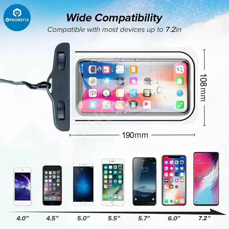 White PHONEFIX waterproof phone protector case, transparent universal bag for mobile phones, ideal for water protection.