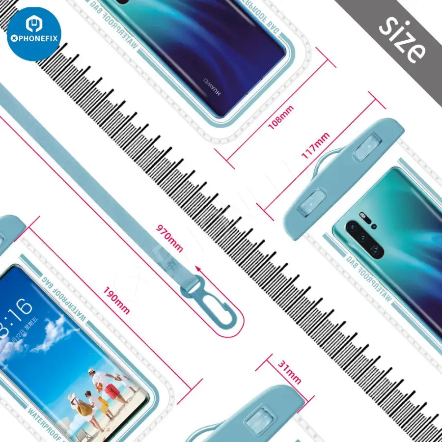White PHONEFIX universal waterproof phone protector case, transparent and waterproof bag for mobile phones, ideal for water protection.