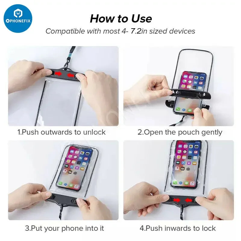 White PHONEFIX waterproof phone protector case, transparent universal bag for mobile phones, protecting against water and dust.