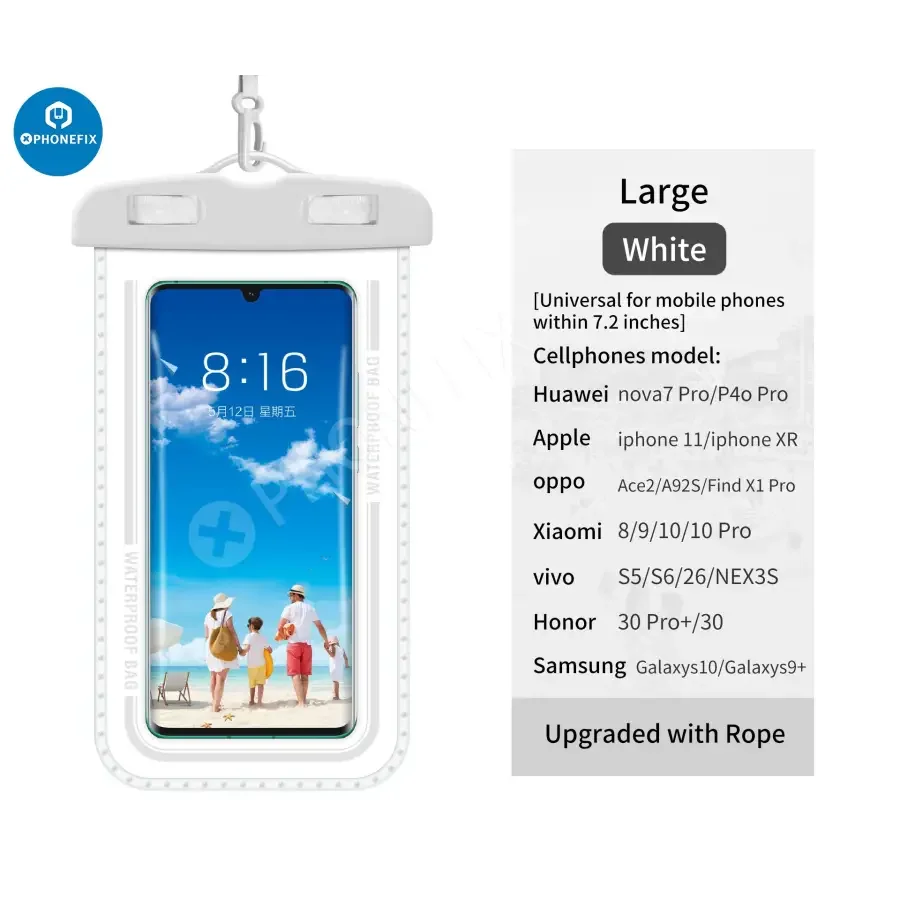 White PHONEFIX universal waterproof phone protector case, transparent and waterproof bag for mobile phones, ideal for water activities.