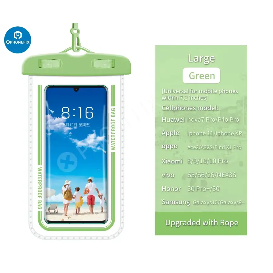 White PHONEFIX universal waterproof phone protector case, transparent and waterproof, designed for mobile phones.